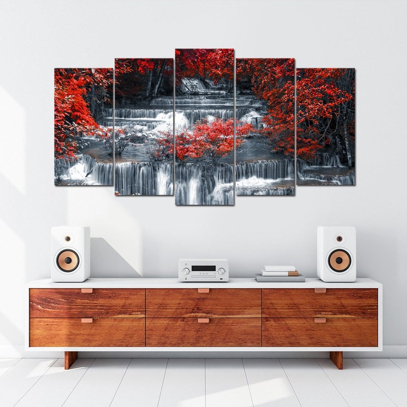 Visual Art Decor 5 Pieces Large Black and Red Canvas Wall Art Waterfall Nature Landscape Picture Print, Living Room Office Decoration Framed Ready to Hang - Image 3